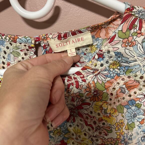 Solitaire Cotton Blouse LARGE Floral Eyelet Summer Chic Ruffle Cottage Boho - Picture 3 of 7